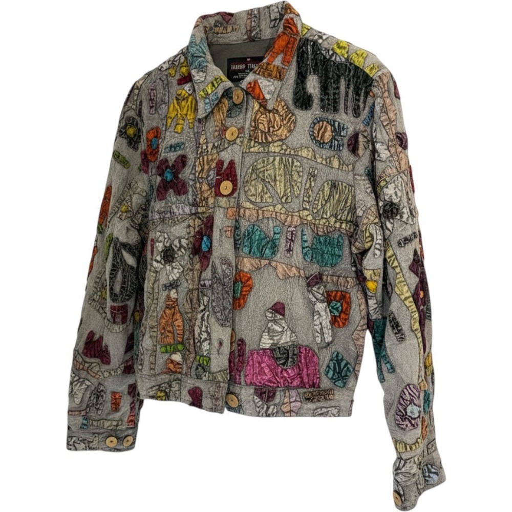 Sacred Threads Patchwork Artsy Cropped Jacket Gray Cotton Art to Wear Boho M/L